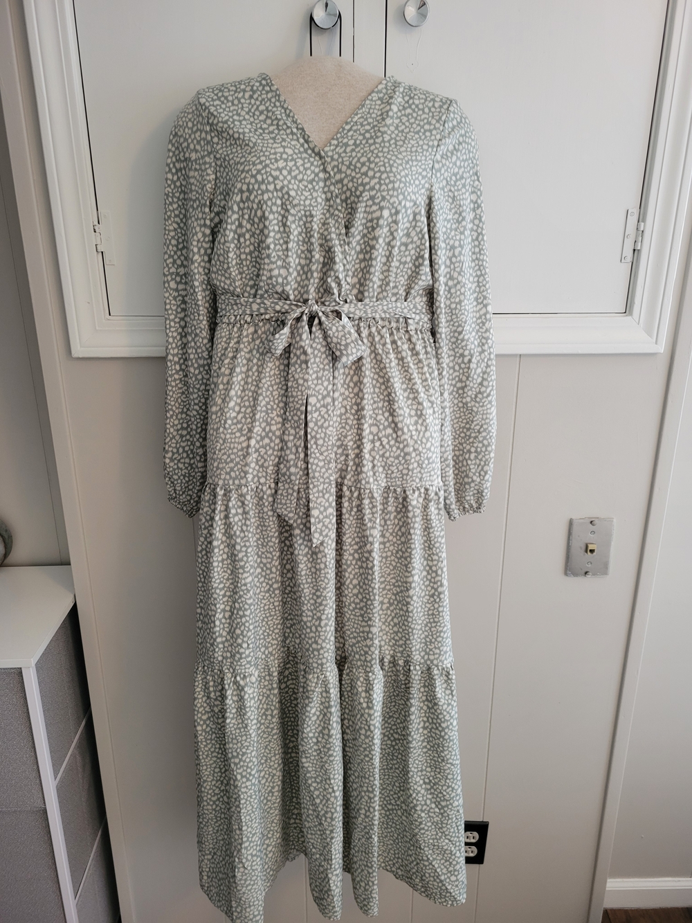 Tiered Long Sleeve V-Neck Maxi Dress in Sage Dot